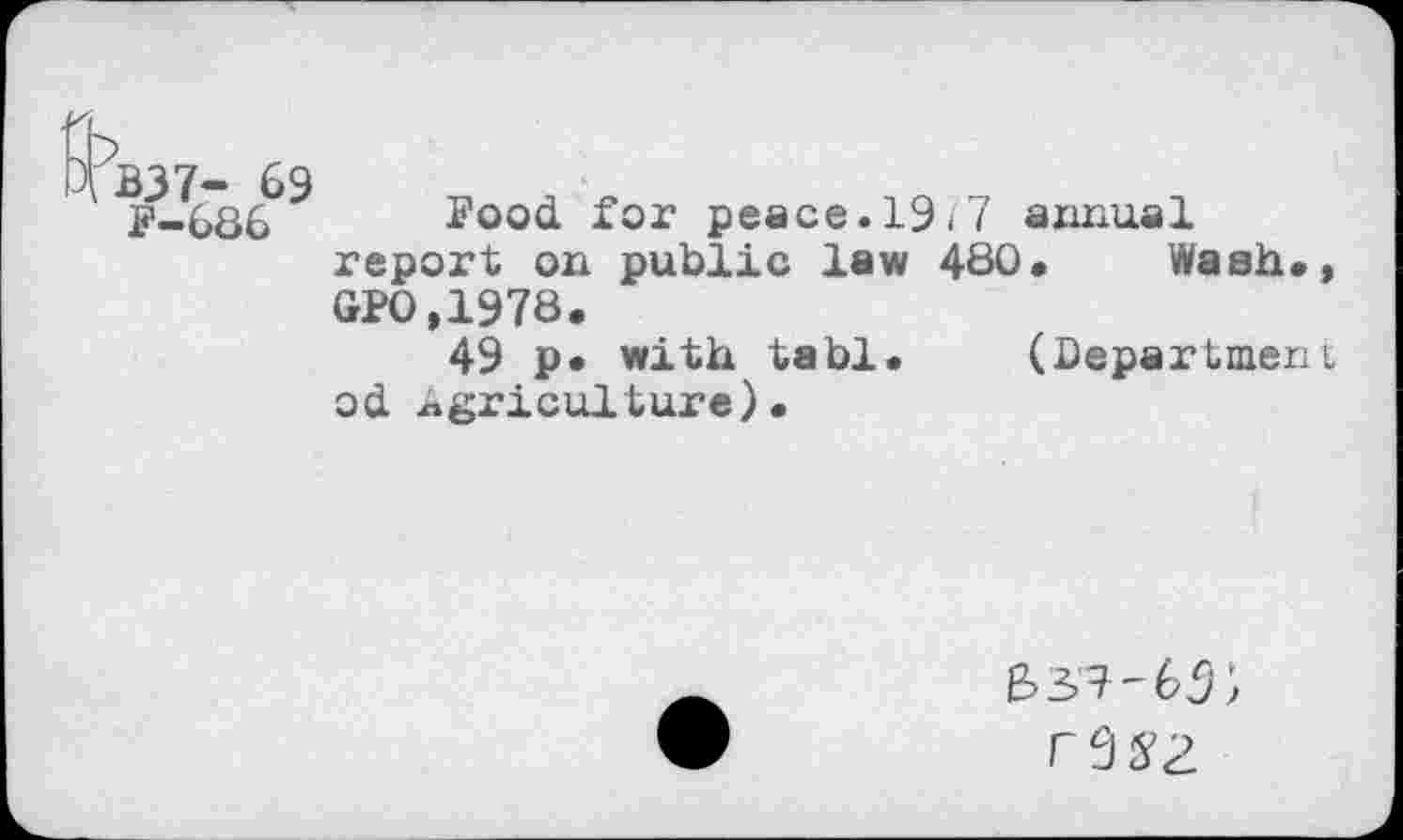 ﻿AB37- 69
F-686
Food for peace.19-7 annual report on public law 480» Wash., GPO.1978.
49 p. with tabl. (Department od agriculture).
re$z